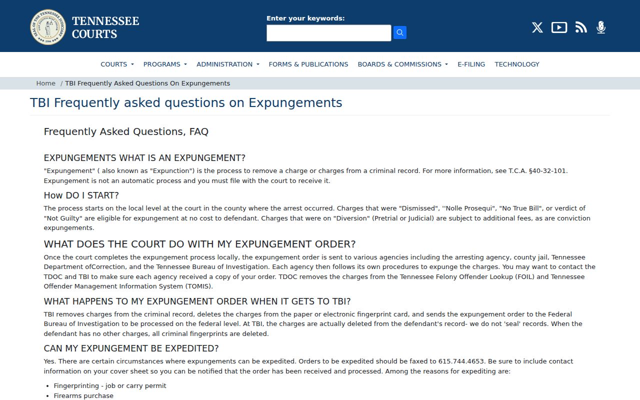 Tennessee expungement order distribution after Lewis County arrest